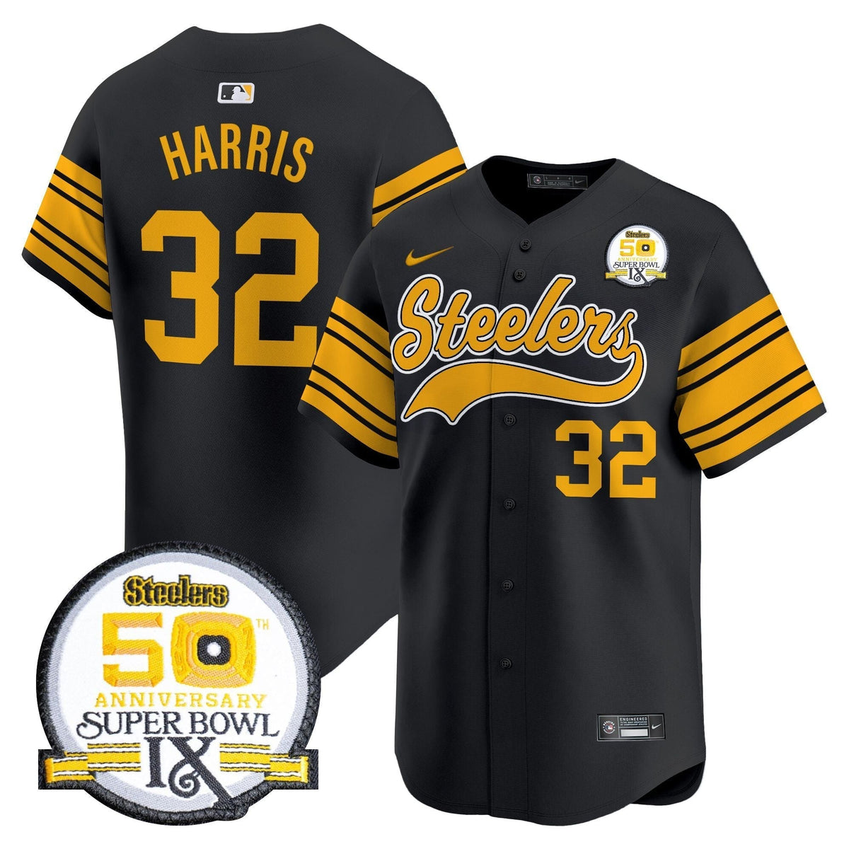 Steelers 50th Anniversary Of Super Bowl IX Patch Vapor Premier Baseball Jersey - All Stitched