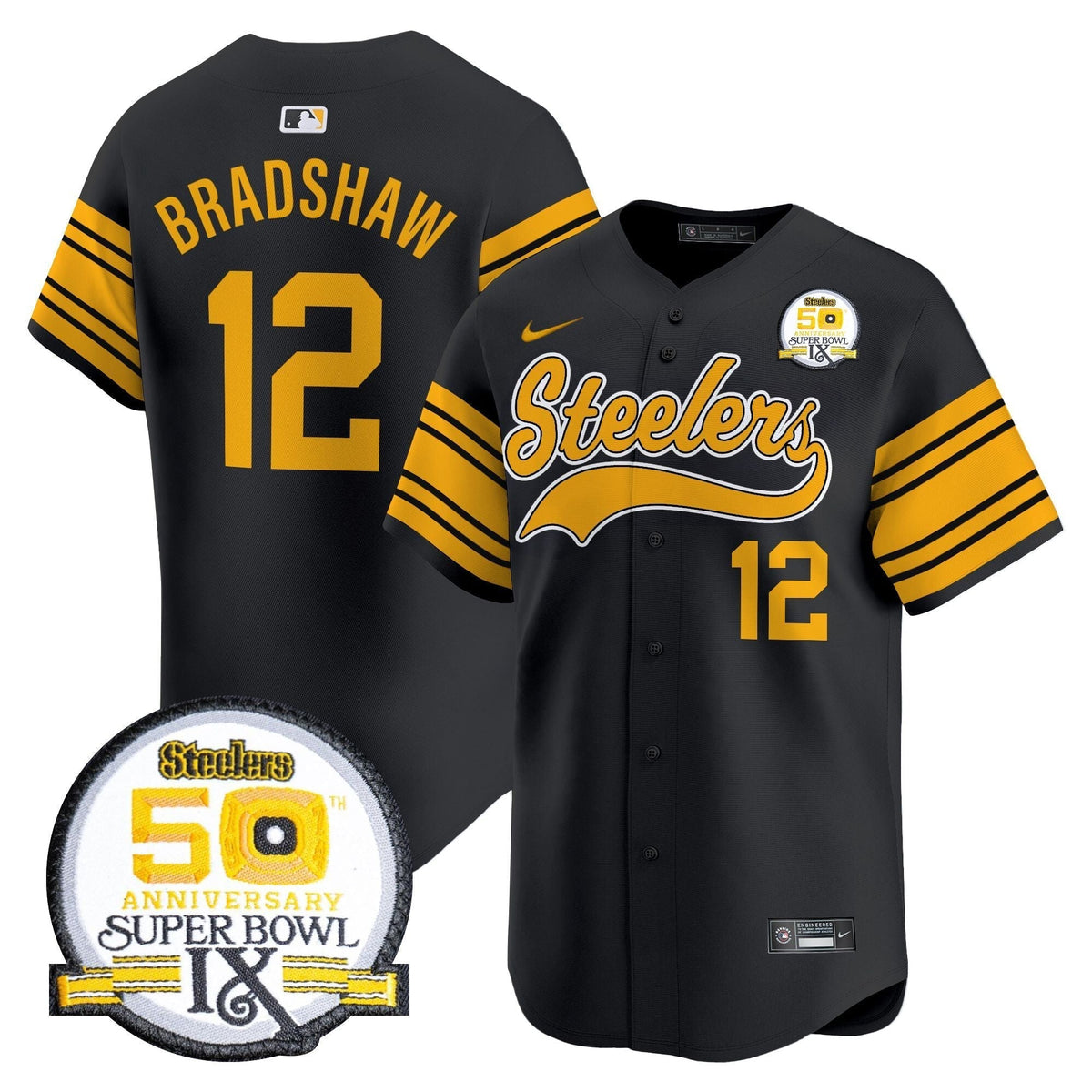Steelers 50th Anniversary Of Super Bowl IX Patch Vapor Premier Baseball Jersey - All Stitched