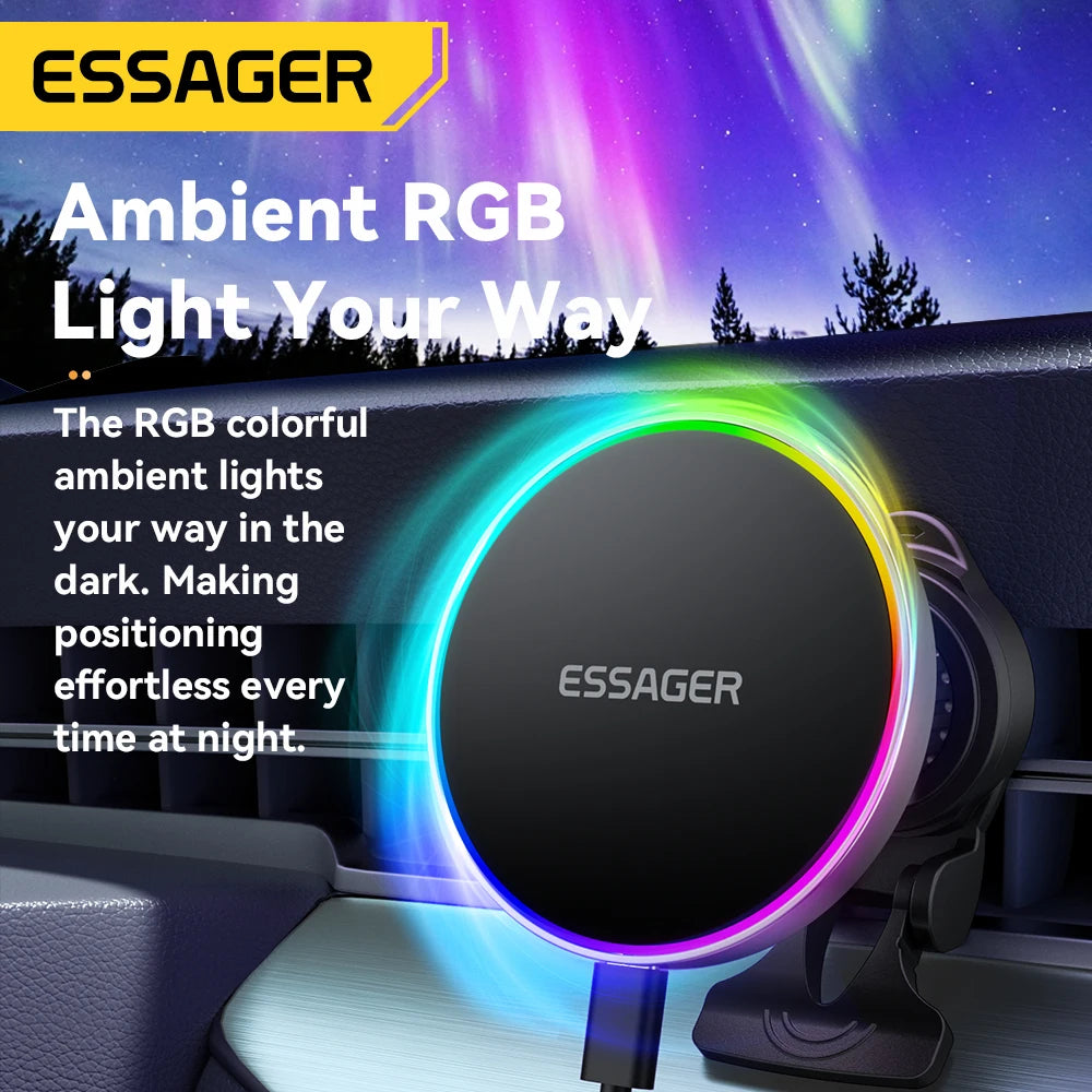 Essager Magnetic Car Wireless Charger 15W Qi RGB Light MagSafe Phone Holder Stand Fast Charging Mount for iPhone17 Huawei Xiaomi