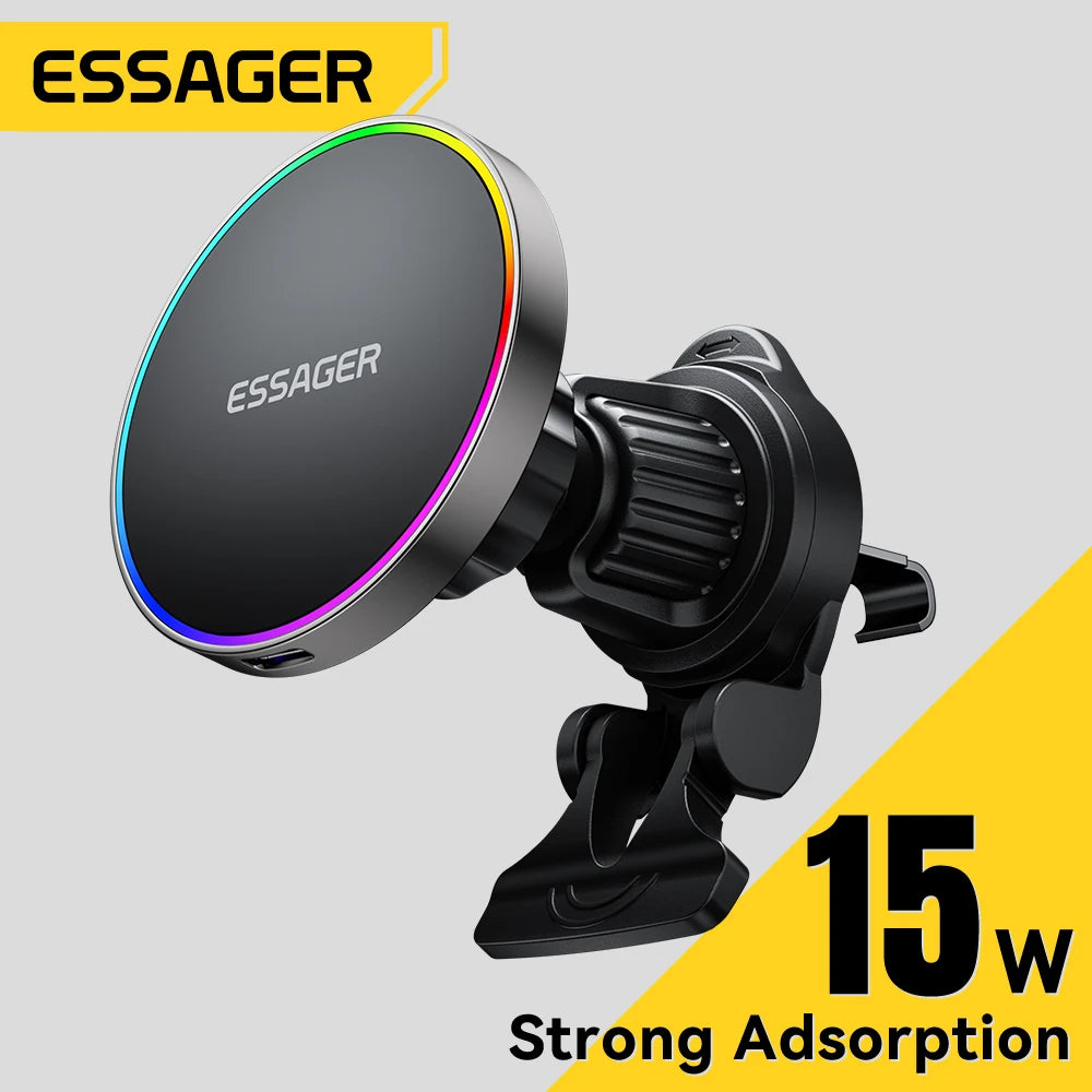 Essager Magnetic Car Wireless Charger 15W Qi RGB Light MagSafe Phone Holder Stand Fast Charging Mount for iPhone17 Huawei Xiaomi