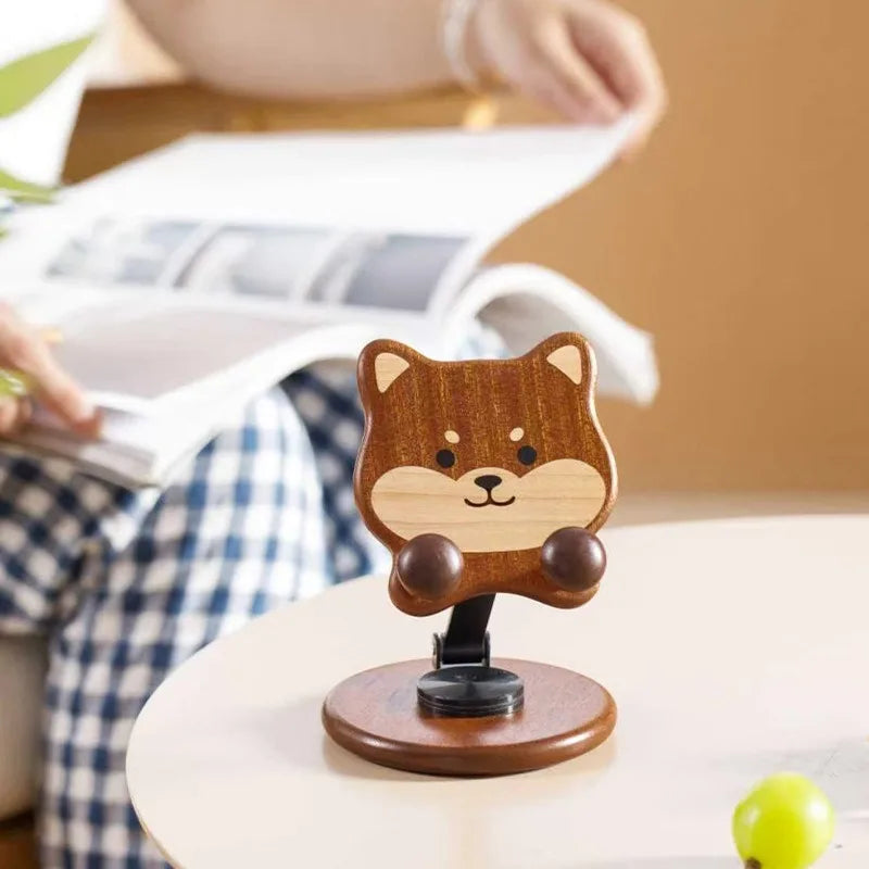 Wooden Shiba Inu Phone Stand Rotatable and Adjustable Desktop Tablet Stand Creative and Cute Decorative Item Phone Holder