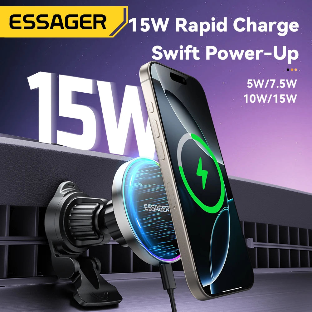 Essager Magnetic Car Wireless Charger 15W Qi RGB Light MagSafe Phone Holder Stand Fast Charging Mount for iPhone17 Huawei Xiaomi
