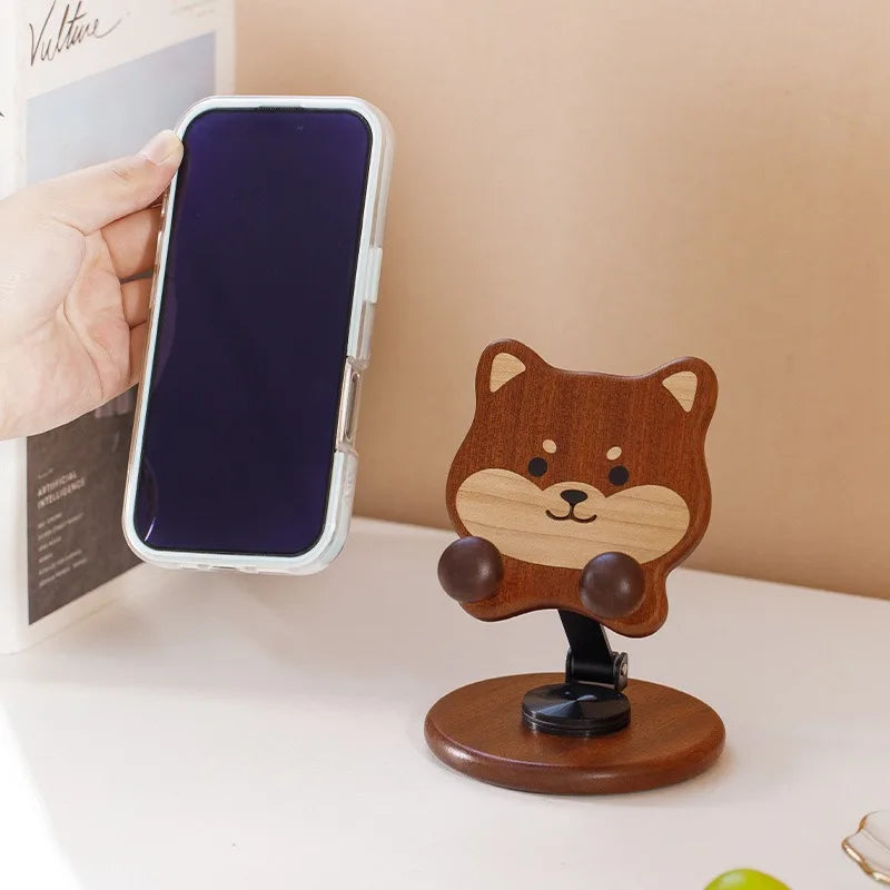 Wooden Shiba Inu Phone Stand Rotatable and Adjustable Desktop Tablet Stand Creative and Cute Decorative Item Phone Holder
